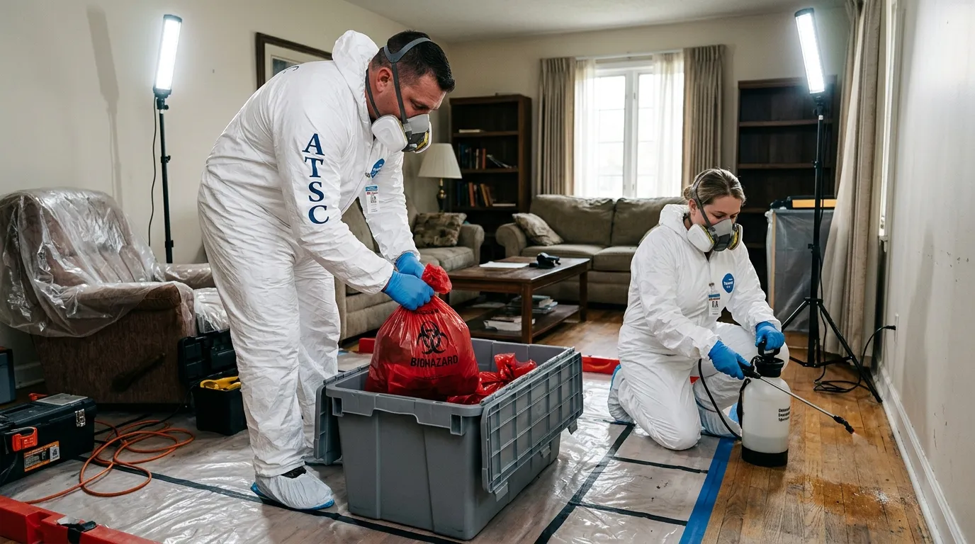 Professional Hazmat Cleanup technician in full PPE working in Alhambra